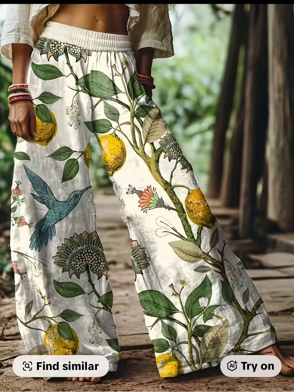 Bohemian Lemon & Hummingbird Wide-Leg Pants - White